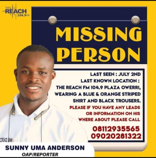 Outrage As Reach FM Presenter, Sunny Uma Anderson, Declared Missing