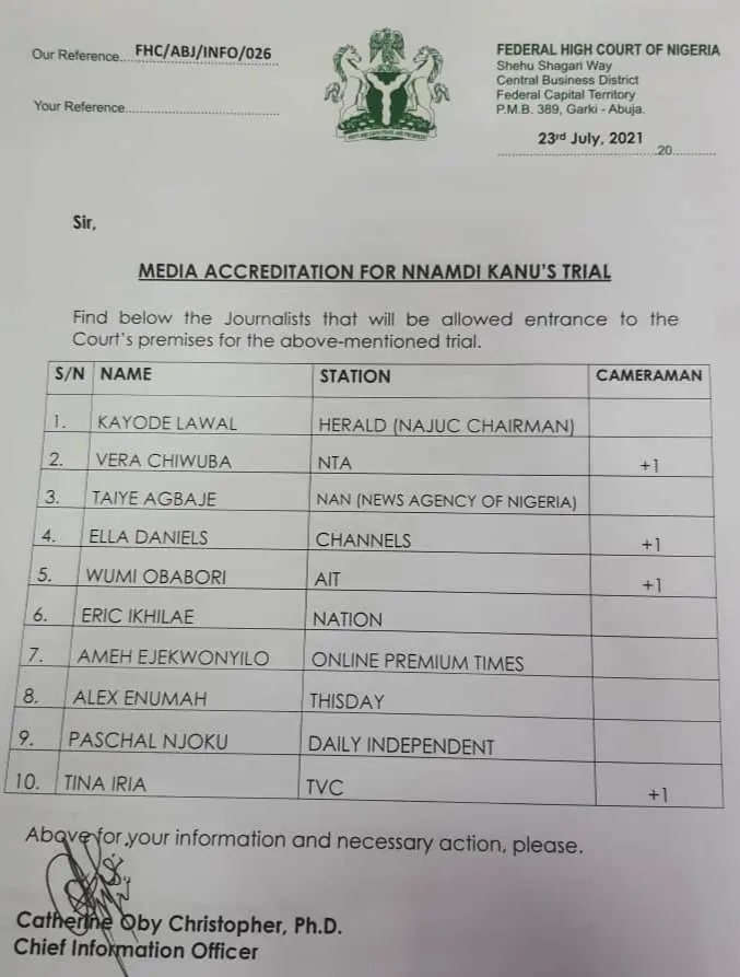 Nnamdi Kanu Trial: Federal High Court Accredits Only 10 Journalists
