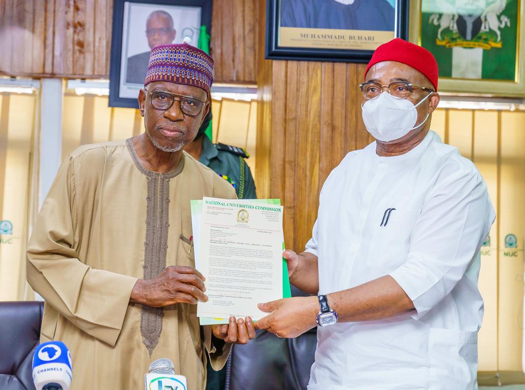 Uzodimma Receives Hand Over Letter Of Recognition Of Kingsley Mbadiwe University By NUC
