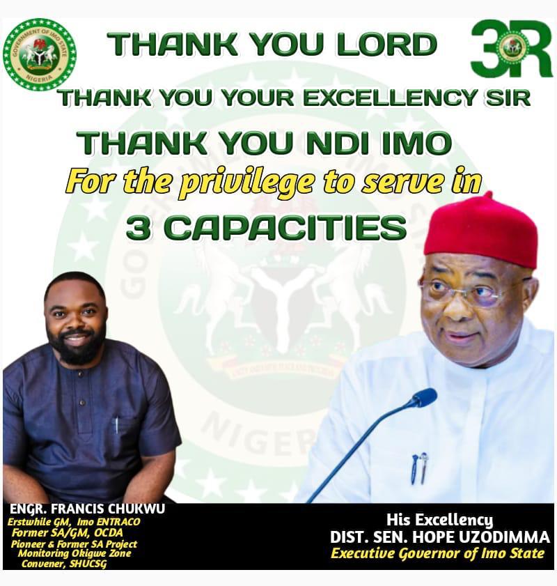 Former ENTRACO Boss Expresses Gratitude To Gov Uzodimma For Opportunity To Serve