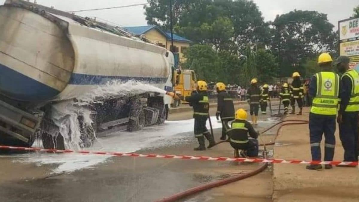 Lagos: Disaster Averted as Fuel Tanker Overturns, Spills Petrol Near NIMASA Office