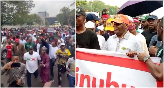 Atiku, Obi, Amaechi Lead Mass Protest at INEC, Accuse APC of Undermining Democracy