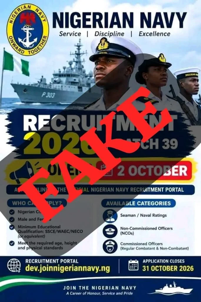 Nigerian Navy Warns Against Fake 2026 Batch 39 Recruitment Notice